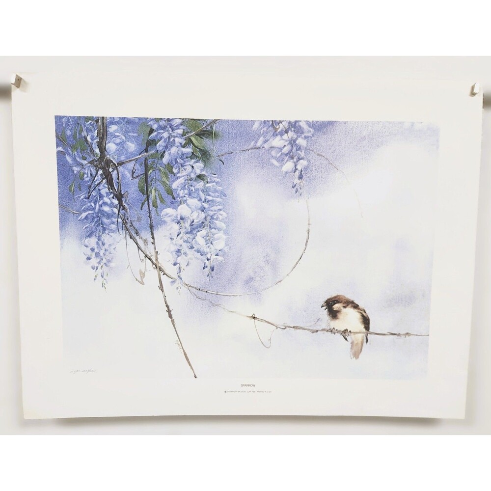 "Sparrow" by Steve Jum Lee Limited Ed unframed art print Bird Wisteria Blue